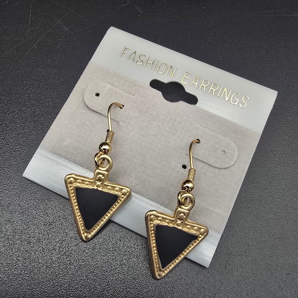Black Gold Tone Triangle Earrings Vintage 1990s NOS On Card - Picture 1 of 8